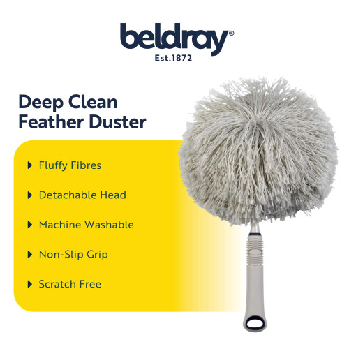 Grey fluffy feather duster with non-slip handle, shown with key cleaning features listed.