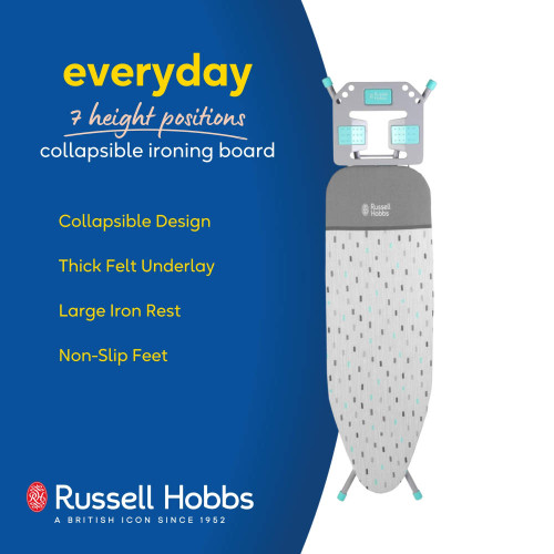 Collapsible ironing board with 7 height positions, grey patterned cover, large iron rest, by Russell Hobbs