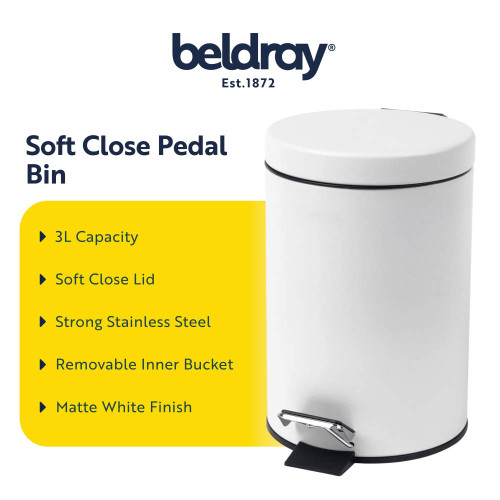 Matte white soft close pedal bin, 3L capacity, stainless steel with removable inner bucket.