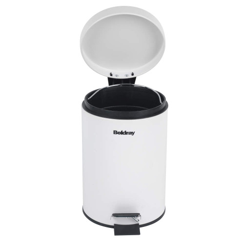 White pedal bin with open lid, black trim, Beldray logo on front
