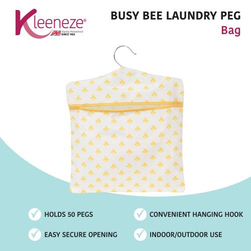 White laundry peg bag with yellow bee pattern and hanging hook, holds up to 50 pegs.