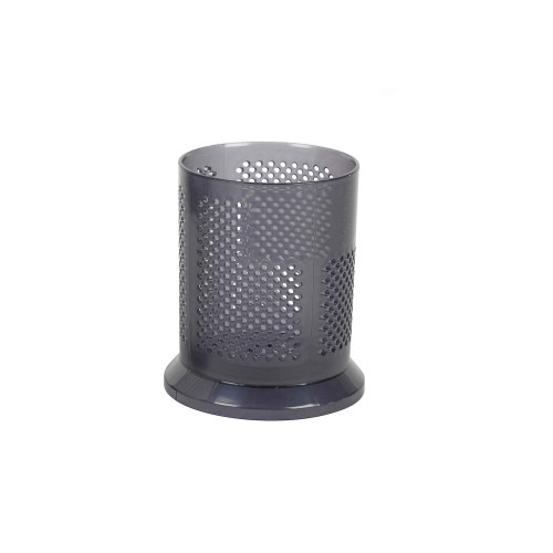 Grey metal mesh pen holder, cylindrical, shown on white background