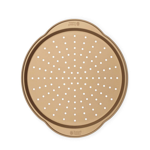 Gold non-stick pizza tray with perforated base, top view