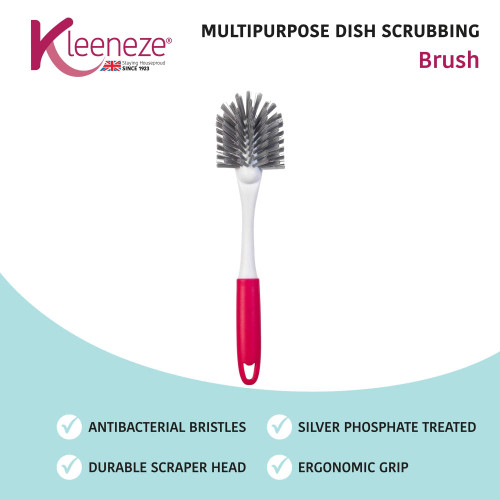 Multipurpose dish scrubbing brush with pink handle, antibacterial bristles, and scraper head.
