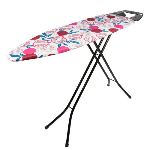 Ironing board with black legs and white cover featuring a pink and blue pomegranate print