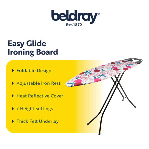 Patterned ironing board with foldable legs, black iron rest, pink and blue cover, 7 height settings.