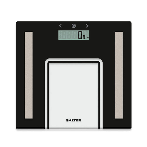 Black glass digital bathroom scale with Salter branding and LCD display