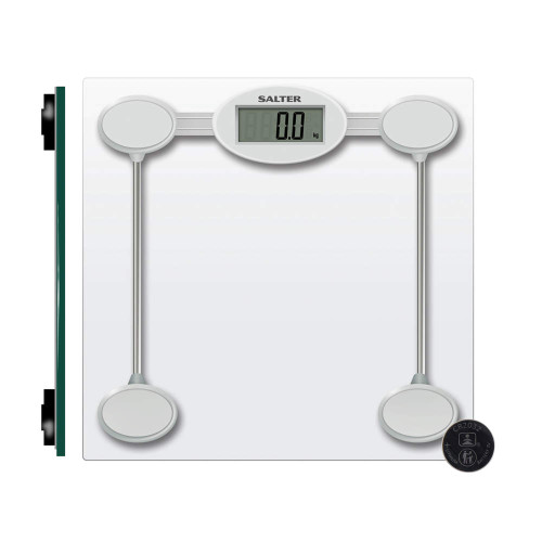White digital bathroom scale with Salter branding, top view