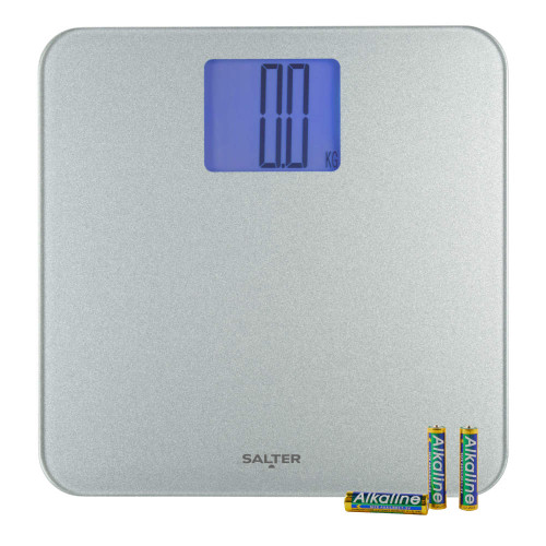 Silver digital bathroom scale with large backlit display and three AAA batteries included