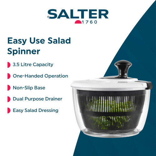 Salad spinner with black handle and clear bowl, 3.5 litre capacity, shown with greens inside.