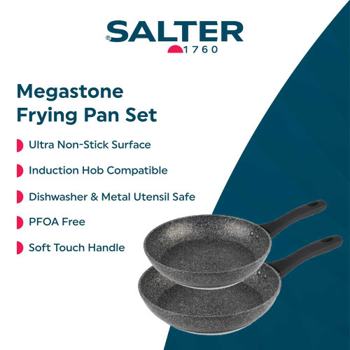Banner showing two grey stone-effect Salter frying pans with soft touch handles and key non-stick features.