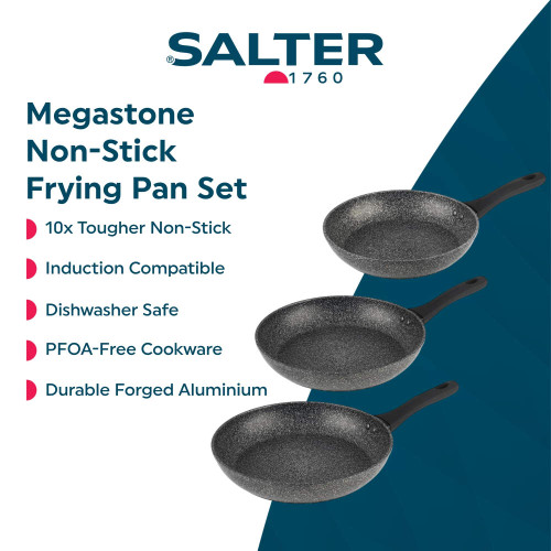Salter Megastone non-stick frying pan set with three pans and key features listed.