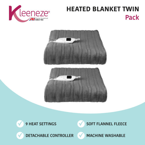 Twin pack of grey heated blankets with detachable controllers, soft fleece, 9 heat settings.