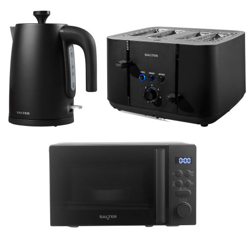 Black kettle, 4-slice toaster and microwave set