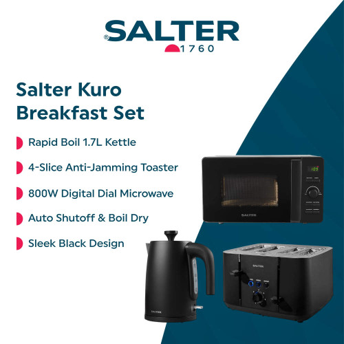 Salter Kuro breakfast set: black kettle, 4-slice toaster and digital microwave on white background.