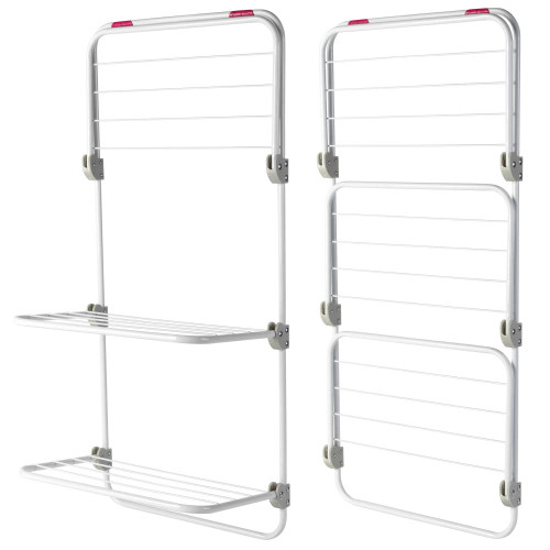 White folding clothes airer with two shelves, shown open and closed