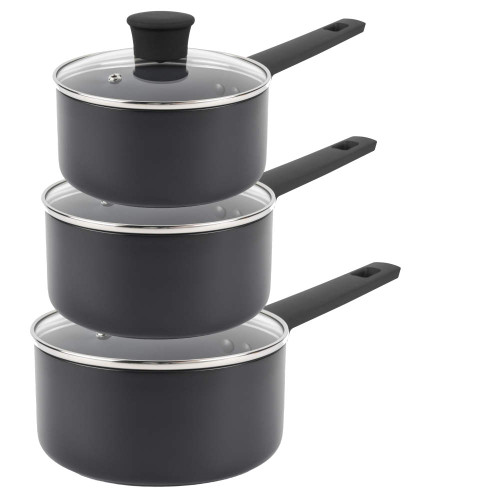 Set of three black non-stick saucepans with glass lids, shown side by side.