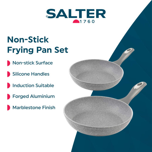 Set of two grey non-stick frying pans with silicone handles and marblestone finish.