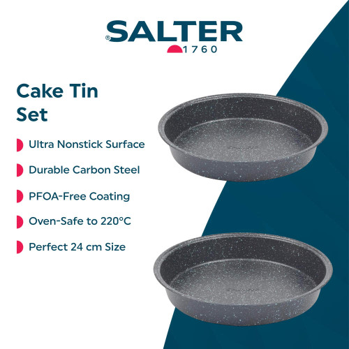 Set of two round nonstick cake tins, grey speckle finish, 24 cm, for baking.