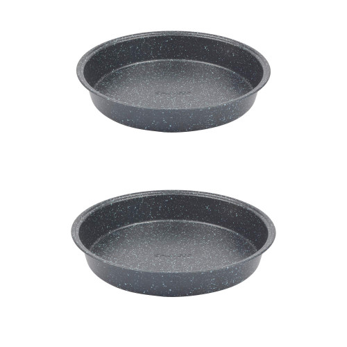 Set of two round non-stick speckled grey baking tins, shown empty, side view