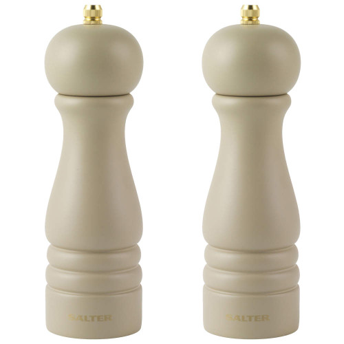 Set of two beige Salter salt and pepper mills with gold tops