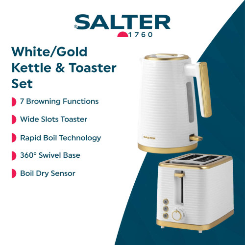 White and gold Salter kettle and toaster set on promotional banner, highlighting key features.