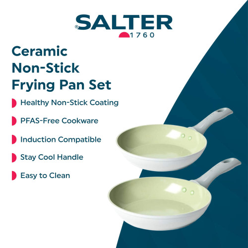 Set of two cream ceramic non-stick frying pans with grey handles, features include PFAS-free coating.