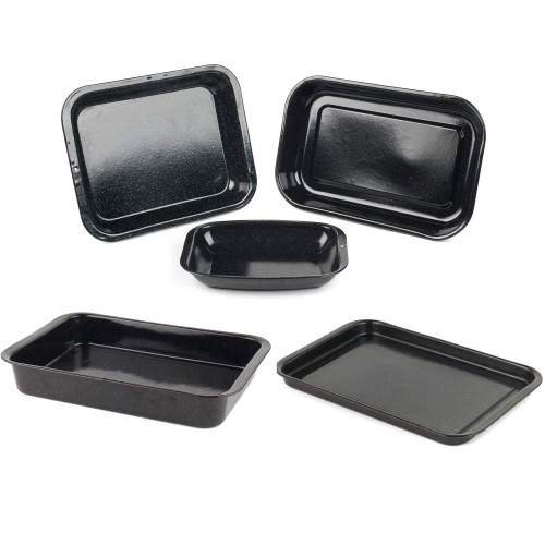 Set of five black rectangular roasting trays in assorted sizes.