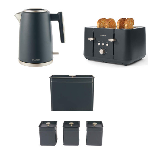 Set of dark grey Salter kettle, 4-slice toaster with toast, bread bin, and 3 storage canisters.