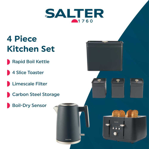 Salter 4 piece kitchen set with rapid boil kettle, 4 slice toaster, and black storage canisters.