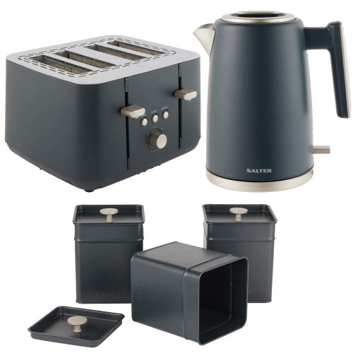 Salter matte dark grey kettle, toaster, and storage canisters kitchen set.