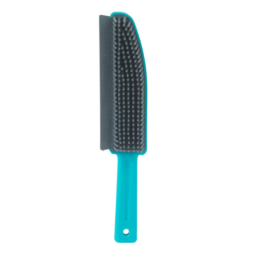 Blue and grey silicone pet grooming brush, shown flat with bristles visible.