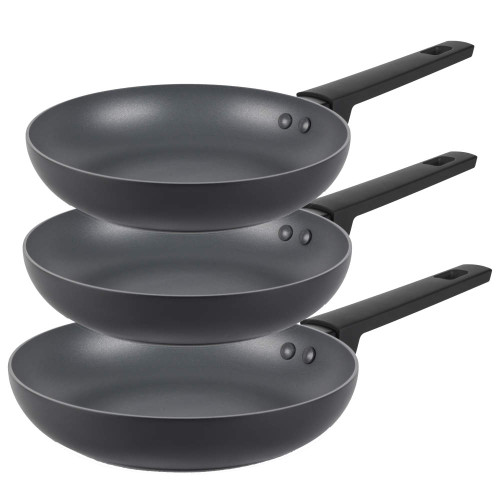 Set of three non-stick black frying pans with matching handles, shown stacked.