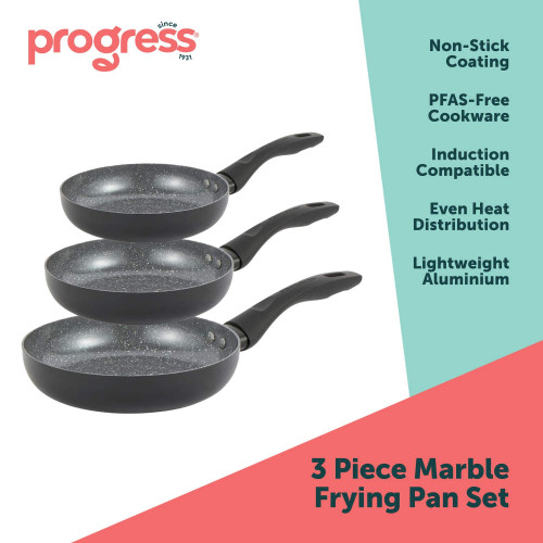 Set of three marble-effect non-stick frying pans with black handles, suitable for all hobs.