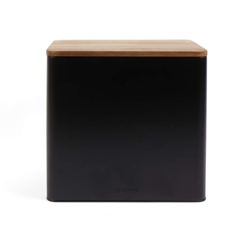 Black metal storage container with wooden lid, front view