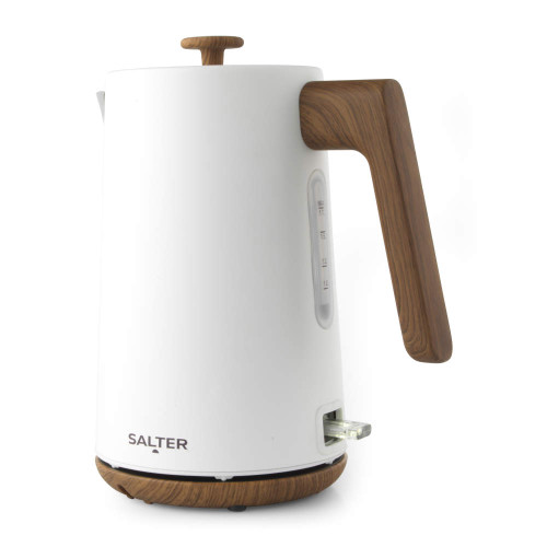White electric kettle with wood-effect handle and base