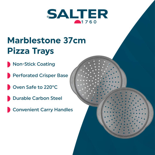 Pair of grey 37cm non-stick pizza trays with perforated bases and carry handles.