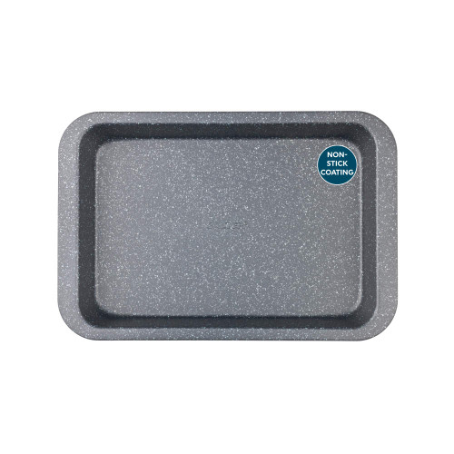 Grey speckled rectangular baking tray with non-stick coating