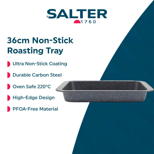 Grey 36cm non-stick roasting tray with high edges, displayed for feature highlights.