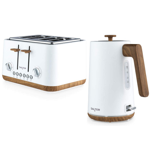 White Salter kettle and four-slice toaster set with wood effect accents