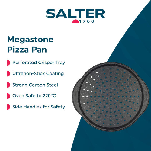 Grey perforated pizza pan with side handles, shown as Salter Megastone kitchenware promo banner