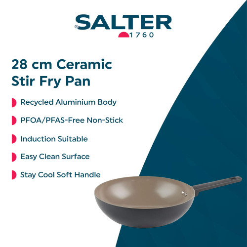 28 cm ceramic stir fry pan in brown with black handle, shown with features list