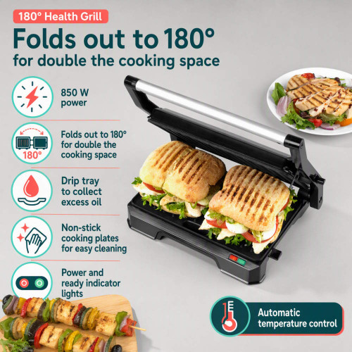 180° health grill open with three toasted paninis