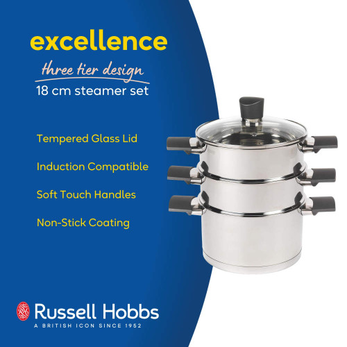 Stainless steel 18 cm three tier steamer set with glass lid and soft touch handles.