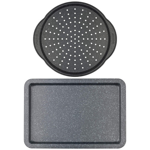Non-stick grey pizza tray and baking tray set, top view