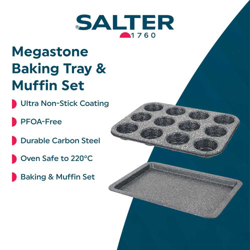 Salter Megastone baking tray and 12-cup muffin tray set, grey non-stick carbon steel.