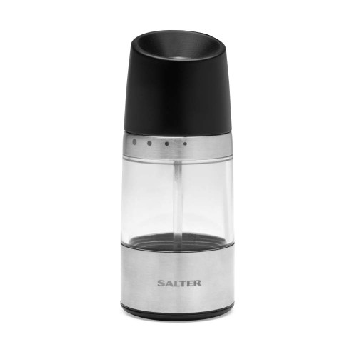 Silver and black electric salt or pepper grinder with clear chamber, Salter branding visible.