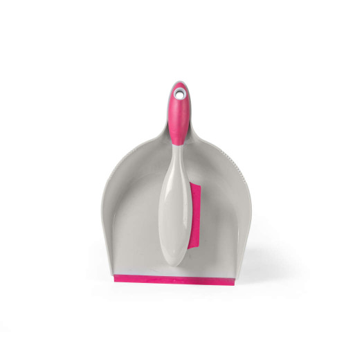 Grey and pink dustpan and brush set, brush fits inside pan, shown from above