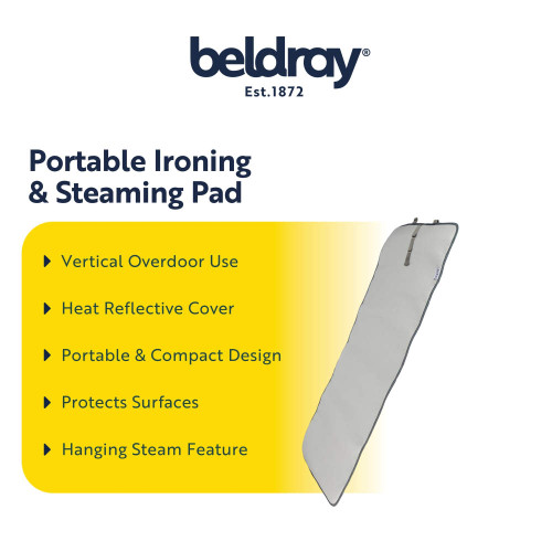 Grey portable ironing and steaming pad for vertical overdoor use, protects surfaces.