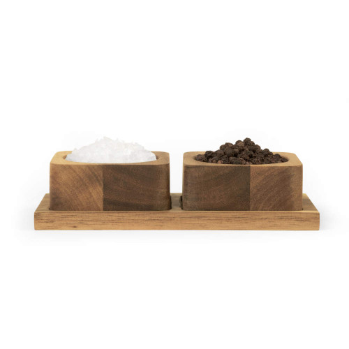 Salt and pepper in square acacia wood pinch pots on a matching tray